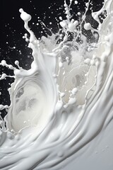 Poster - A captivating image of a splash of milk on a black background. Perfect for food and beverage advertisements or creative projects.