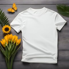 Wall Mural - White t-shirt mockup with sunflowers and butterfly on wooden background