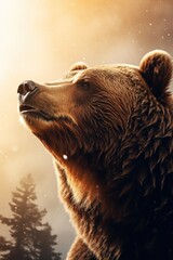 Poster - A large brown bear standing next to a forest. Suitable for nature and wildlife themes