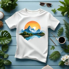 Wall Mural - T-shirt mockup design with mountain and lake on blue wooden background