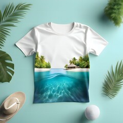 Wall Mural - T-shirt mockup with tropical beach on blue background