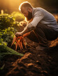 Farmer hand-picking organic carrots from the ground, dirt clinging to the roots, warm afternoon light, rustic and earthy tones