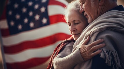 An older couple embrace in front of an american flag, AI