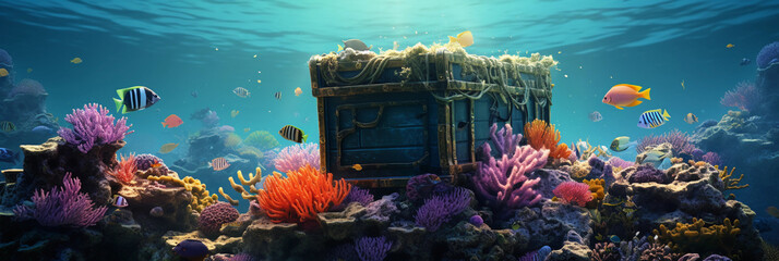 underwater utopia: vibrant coral reefs with an array of exotic fish, a sunken treasure chest emittin