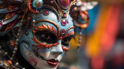 Canvas Print - A close up of a woman in an elaborate mask, AI