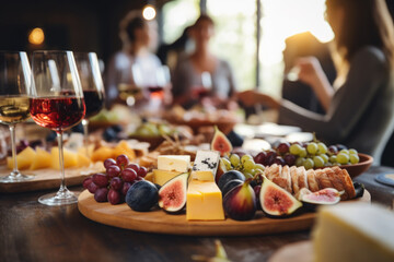 Wall Mural -  Group of friends having wine tasting party in French restaurant