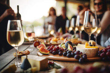 Wall Mural -  Group of friends having wine tasting party in French restaurant