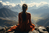 Fototapeta  - Find serenity as you witness a beautiful woman meditating in a yoga pose on top of a majestic mountain. Ai generated