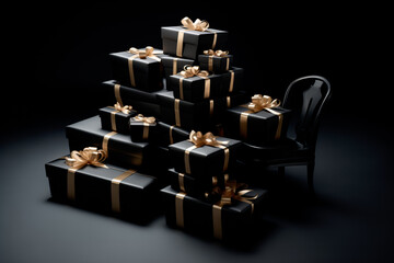 A bunch of black Christmas gifts with gold ribbons. Realistic black gifts boxes for Black Friday sale.