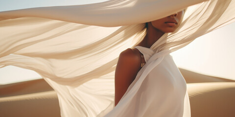 Canvas Print - Woman in a long white dress walking in the desert with flowing fabric in the wind