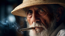 Close-up Of A Portrait Of An Old Man In Panama Wearing A Hat And Smoking A Cigarette. Old Man With A Beard And A Cigarette Full Of Marks On His Face From A Difficult Life.