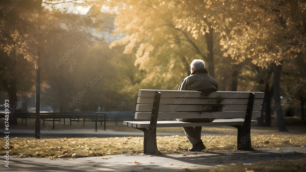 Back view of a man sits alone on a park bench. Stock Illustration ...