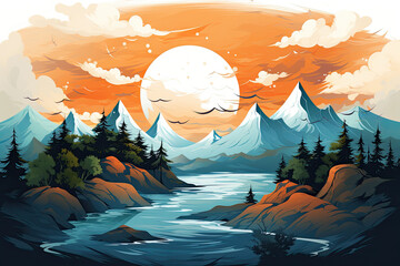 Poster - Scenic mountain landscape with a river, pine trees, and a sunset sky