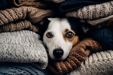 Wall Mural - A dog peeking out from under a pile of sweaters. Generative AI