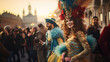 Carnival celebration in Venice with masked participants in traditional costumes. Happy Carnival masquerade party in VEnice