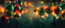 The Abstract Background With Its Blurred Winter Scenery Is Adorned With Vibrant Green Circles And Pops Of Festive Red From Christmas Lights And Decorations While Yellow Christmas Balls And 
