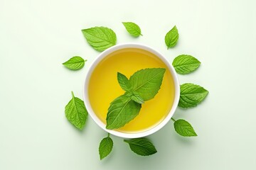 Wall Mural - Healthy Light Green Tea Cup with Fresh Green Leaves