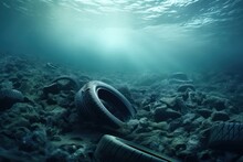 Pollution Environmental Problem In Ocean. Old Tyres Dumped In Sea