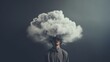 Man head in clouds, depression and fatigue at work. Man with cloud over his head depicting solitude and depression