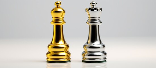 Leader or winner / conqueror concept : Side view of gold / golden king chess piece with silver knight and bishop nearby, on a black white 8x8 grid chessboard. Chess is a two player strategy board game