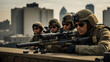 A military sniper team positioned on a rooftop, taking aim at a distant target in an urban environment.