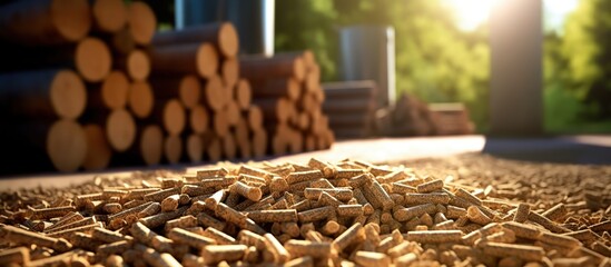 Ground level of heap of compressed wood pellets stacked on floor near chopped firewood of various types with green leaves and biomass briquettes in sunlight