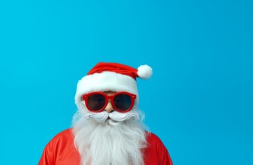 cute santa claus in sunglasses on a blue background
