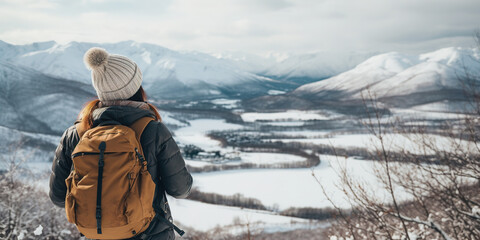 Wall Mural - Generative AI, backpacker in winter landscape, traveler man tourist with backpack hiking in mountains	