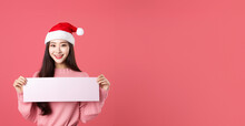 Christmas Woman Holding Blank Sign. Korean Girl Wearing A Santa Hat. Happy Expression.