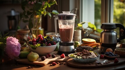 Kitchen table with electric blender with chocolate smoothie and bowls with ingredients