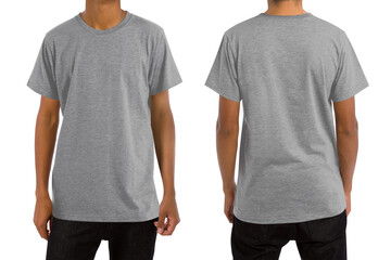 Man in blank heather gray t-shirt, front and back views