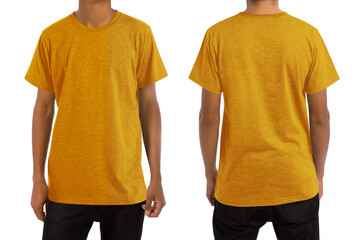 Man in blank heather mustard t-shirt, front and back views