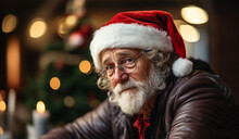 Portrait Of Sad Elderly Man In Red Santa Claus Hat Sitting And Looking At Camera. Lonely Old Bearded Man On Christmas Eve Alone At Home. Concept Of Lonesome, Sadness, Melancholy And Dismals.