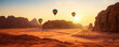 panoramic banner view of a generic rocky mountains typical in Al Ula desert Saudi Arabia touristic destination or wadi rum of Jordan desert at the golden hour sunset