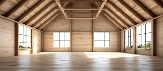 Modern contemporary empty room in a wooden building showing a trussed structure on the wall 3d render. At the end of the room is a corridor lit by natural light. There is a blank wall for content.