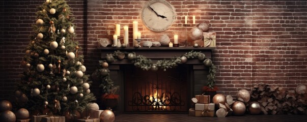 Christmas New Year interior brick wall decorated with christmas tree, candle, ormanent. Generative ai