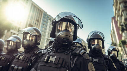 Wall Mural - Police in helmets and protective uniform in the street