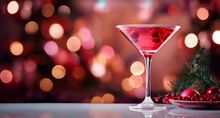 Delicious Red Cranberry Cocktail With Ice On Table With Blurred Lights Background And Copy Space