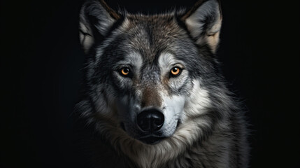  Portrait of a wolf with yellow eyes and a black background