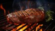 rib steak cooking on flaming grill panorama