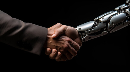 Close up of human and robot shaking hands isolated on black background.