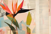 Vintage Mixed Media Collage Of Strelitzia Bird Of Paradise Flower, Old Notes And Fabric Swatches