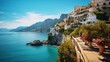 Taormina bay landscape with tourist man with backpack. Sicilian scenery sea resort. Travel Sicily. Tourist standing on shore. Young man and boats on beach. Travelling guy in South Europe. Person.
