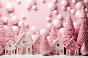 Christmas background with houses, fir trees, christmas balls in pink colors