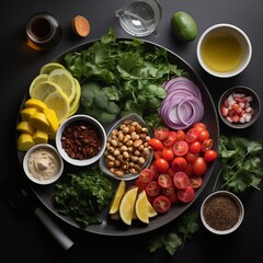 Wall Mural - Ingredients for vegetable salad, diet and healthy food. Low calorie flatlay layout. Illustration