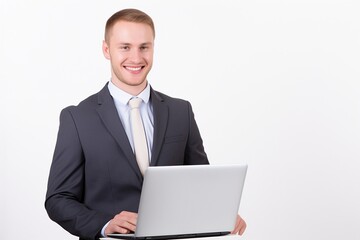 business man wearing suit and holding a laptop isolated on plain background