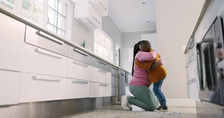 Poster - Hug, kitchen and black family child, happy mother and embrace, bonding and enjoy quality time together. Love, happiness and home mom, mama or African parents hugging, support and care for young kid