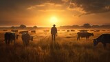 Fototapeta  - a man standing in a field with a herd of cows  AI generated illustration