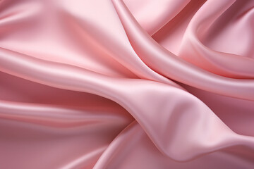 Closeup of rippled pink satin fabric texture background.