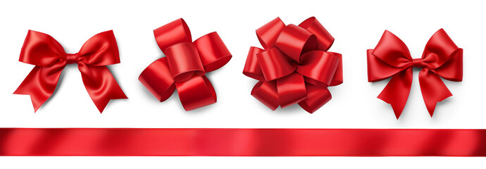 set of four bows made from red satin ribbon isolated on a transparent background. regular and round 